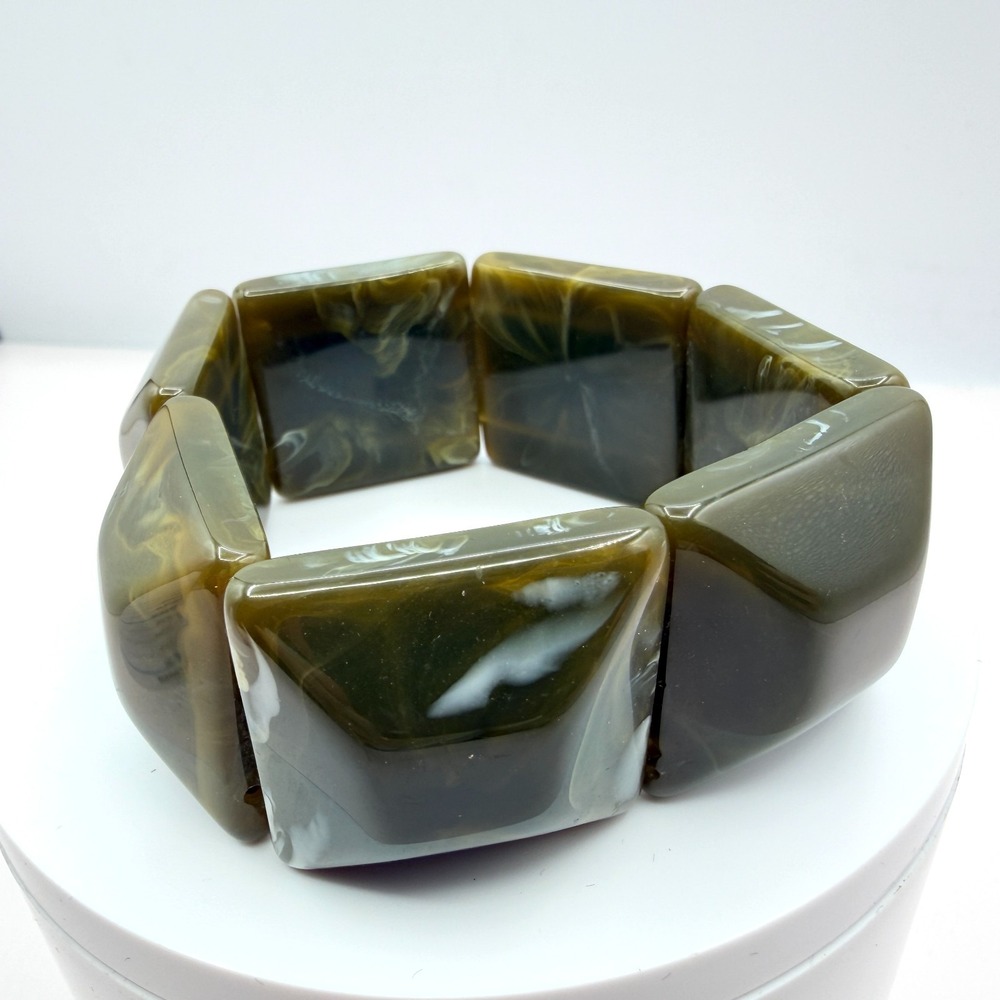 Vintage Chunky Olive Green Resin Stretch Bracelet Boho 90s